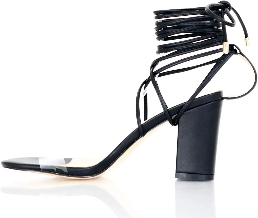 – Black Block Heeled Sandals with Vinyl Strap – Wide Fit, Size 8 – All-Season Heels for Concerts, Spring & Summer Outfits, Extended Sizes