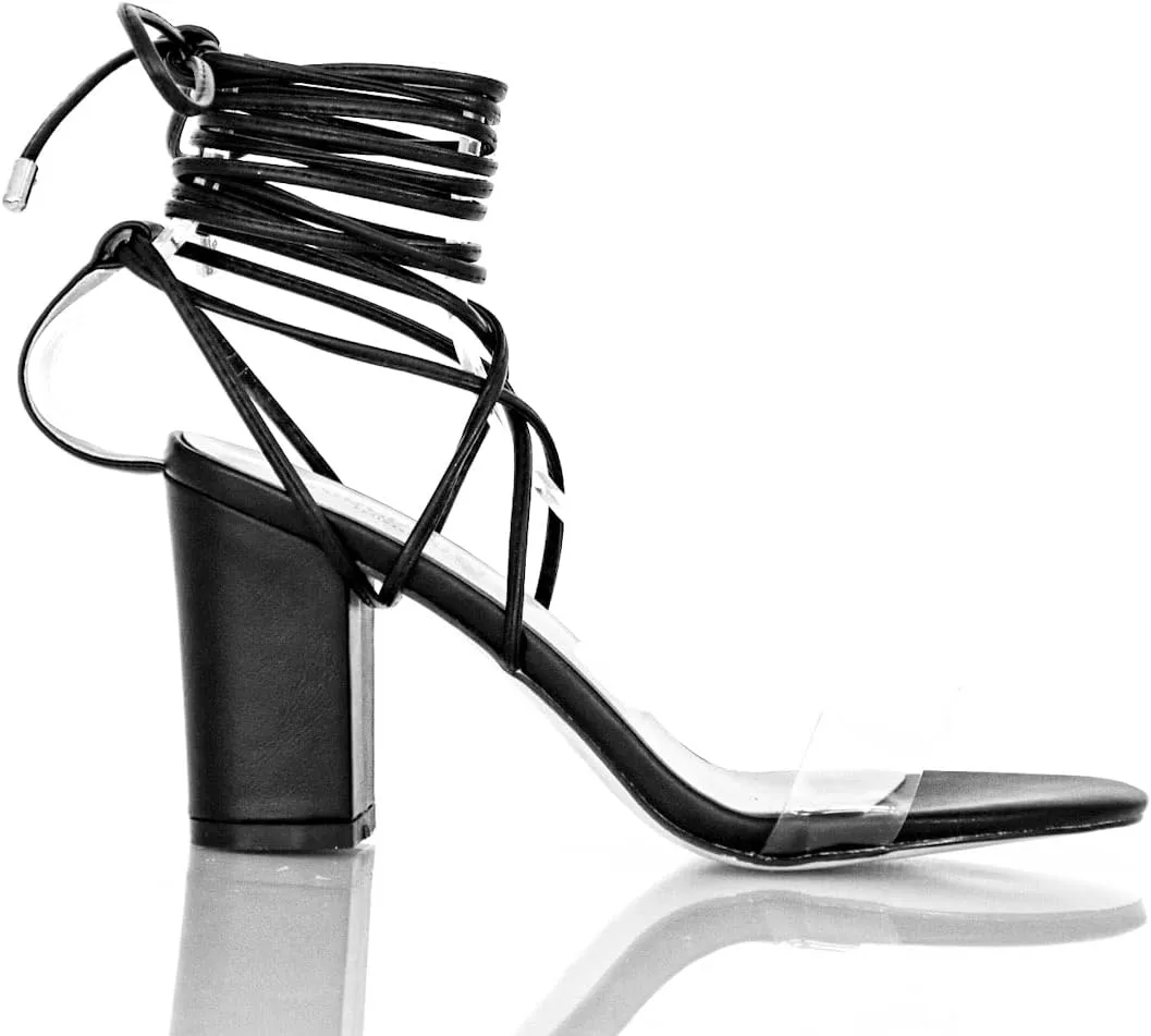 – Black Block Heeled Sandals with Vinyl Strap – Wide Fit, Size 9 – All-Season Heels for Concerts, Spring & Summer Outfits, Extended Sizes