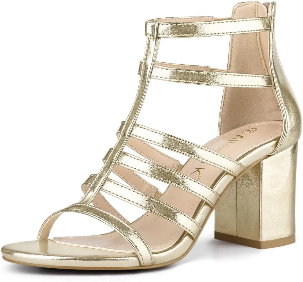 Allegra K Women's Cage Strappy Gladiators Chunky Heels Sandals