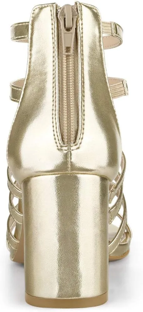 Allegra K Women's Cage Strappy Gladiators Chunky Heels Sandals
