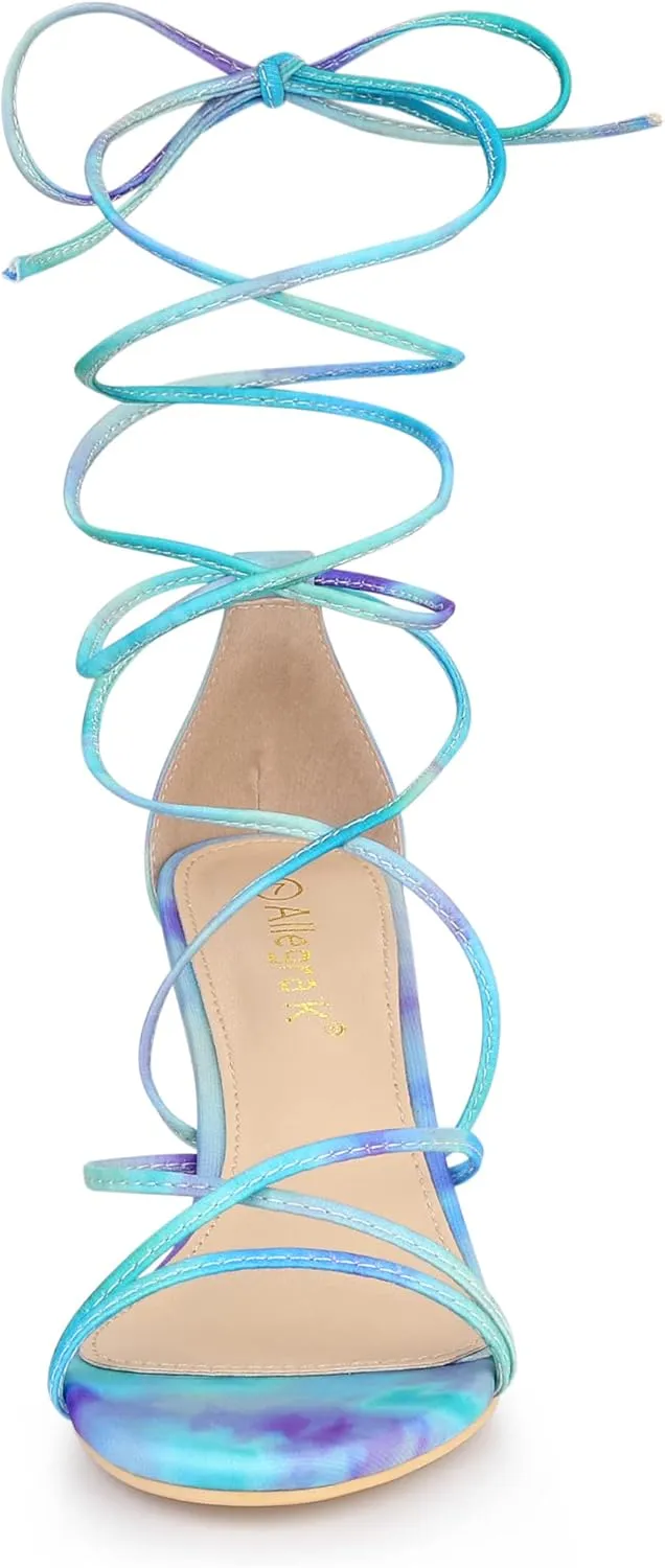 Allegra K Women's Strappy Tie Dye Heels Lace Up Kitten Heel Sandals