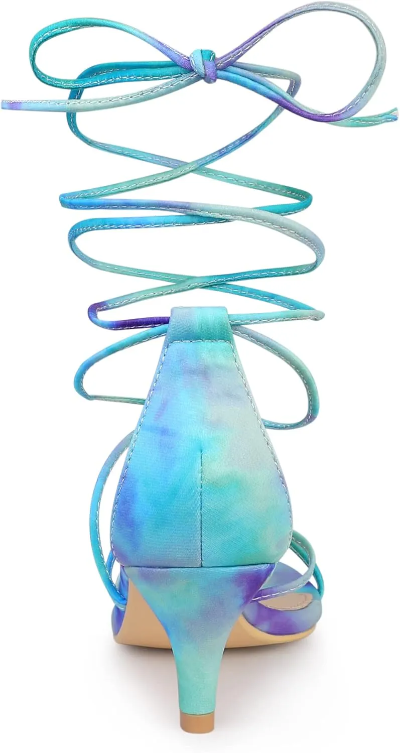 Allegra K Women's Strappy Tie Dye Heels Lace Up Kitten Heel Sandals