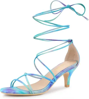 Allegra K Women's Strappy Tie Dye Heels Lace Up Kitten Heel Sandals