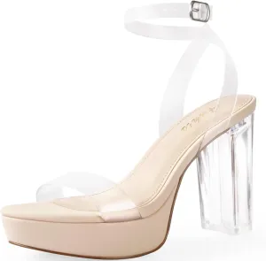 Ankis Platform Heels for Women 4 Inches Chunky Heels Sandals for Women Comfy Open Toe Block Heeled Sandals Nude White Silver Gold Black Ankle Strappy Heels