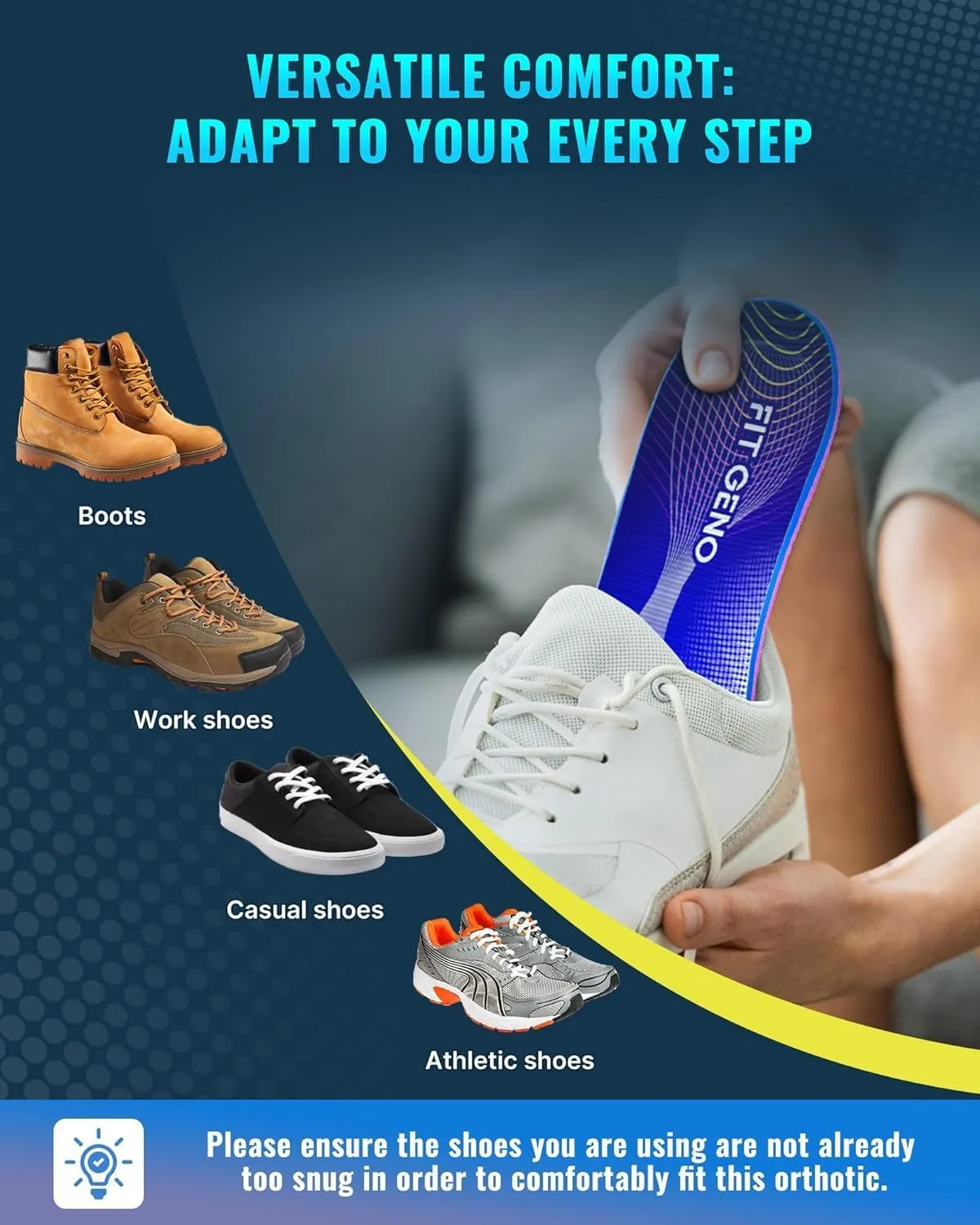 Arch Support Plantar Fasciitis Insoles: Fit Geno Orthotics Inserts for High Arch Pain Relief – Heavy Duty Shoe Inserts for Women & Men 220lbs  – for Work Boots & Sneakers (Women's 8-9 / Men's 6-7)