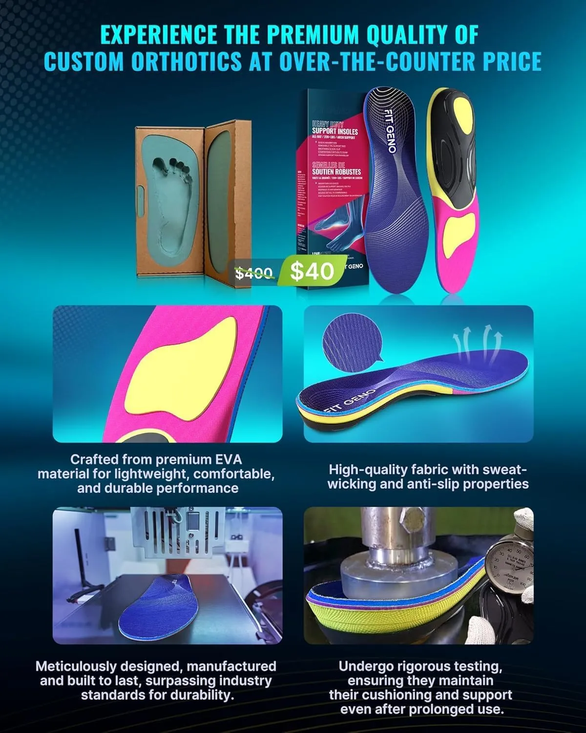 Arch Support Plantar Fasciitis Insoles: Fit Geno Orthotics Inserts for High Arch Pain Relief – Heavy Duty Shoe Inserts for Women & Men 220lbs  – for Work Boots & Sneakers (Women's 8-9 / Men's 6-7)