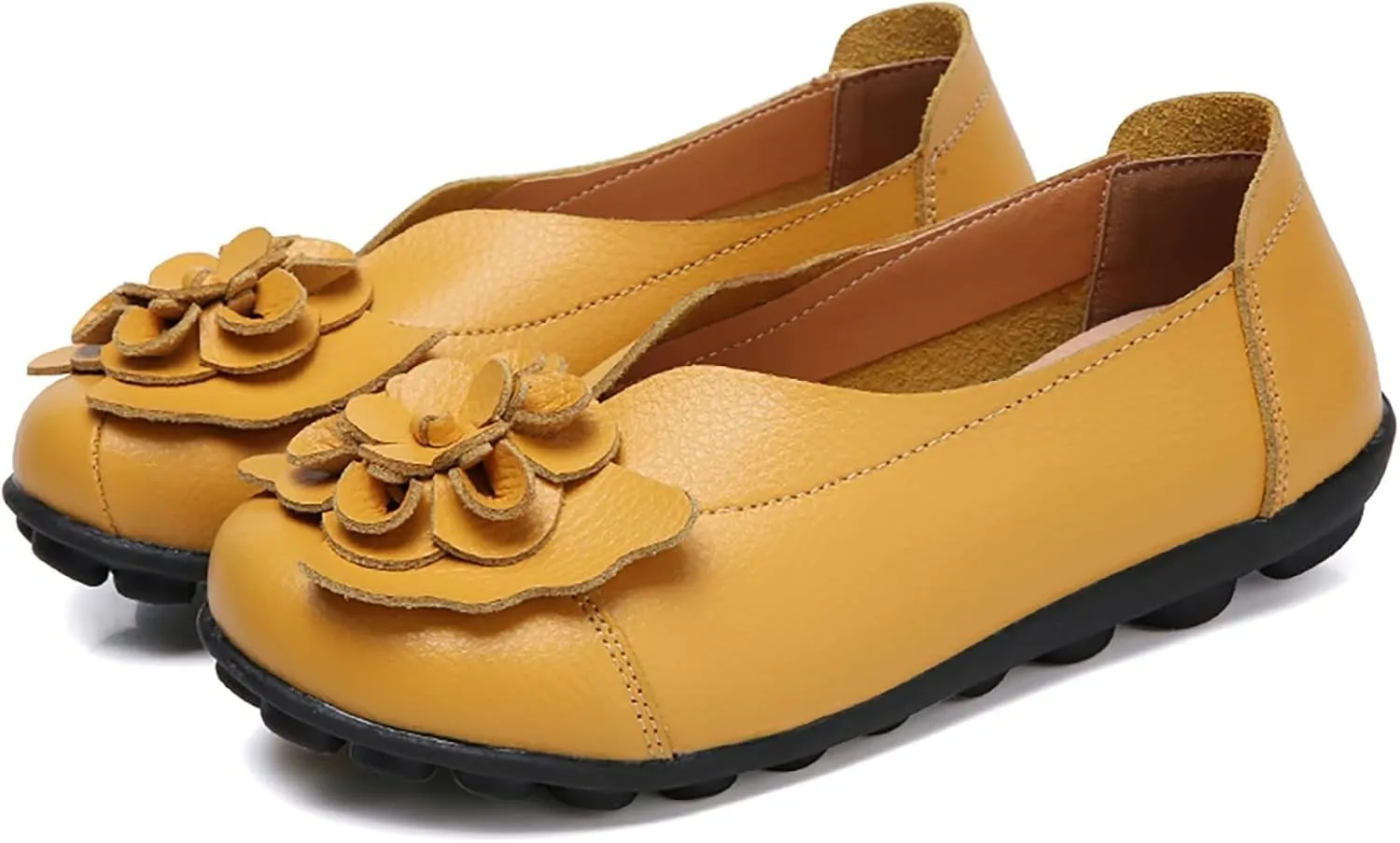 Ballet Flats Shoes for Women Flower Trim Round Vamp Shoes Cowhide Casual Slipper Loafers Cushion Slip-Ons Lightweight Footwear Summer Driving Comfortable Loafers 2025