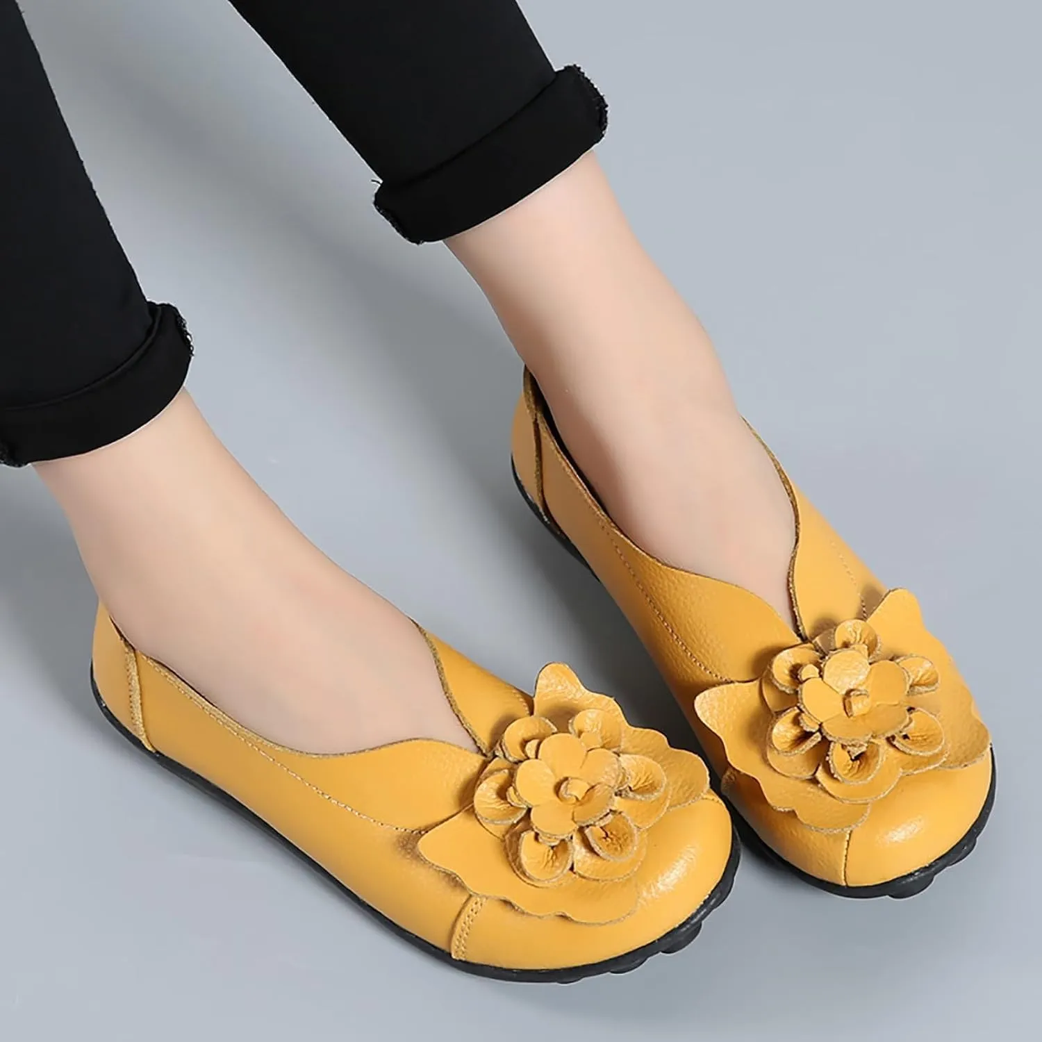 Ballet Flats Shoes for Women Flower Trim Round Vamp Shoes Cowhide Casual Slipper Loafers Cushion Slip-Ons Lightweight Footwear Summer Driving Comfortable Loafers 2025