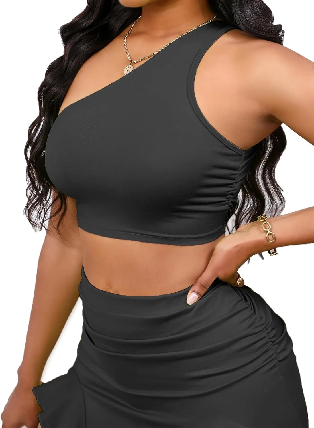 BARASA Women Summer 2 Piece Skirt Sets Ruffle Trim Irregular Split Sexy Y2k Club Party One Shoulder Top Jellyfish Skirt S69