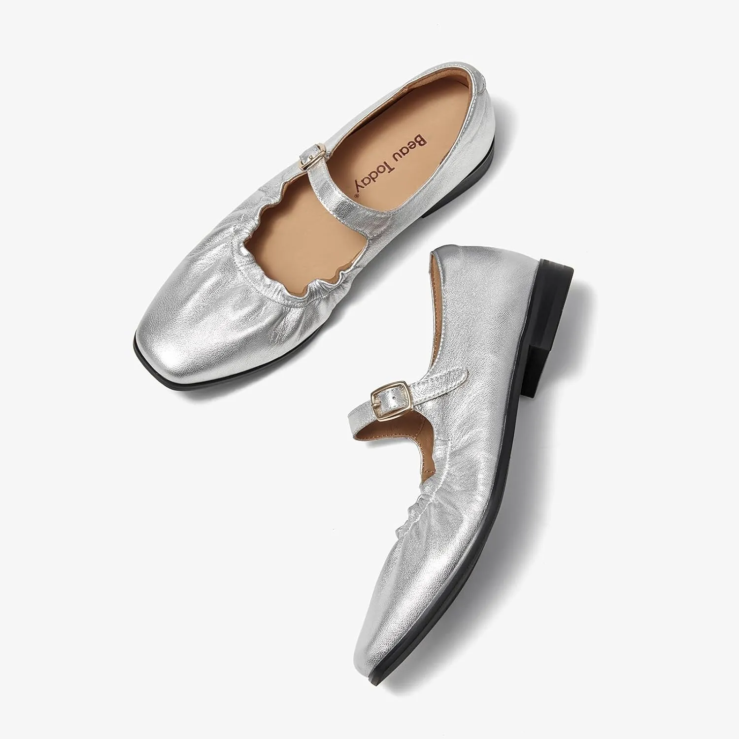 BEAU TODAY Womens Mary Janes, Ballet Flats for Women, Leather Maryjane Flats for Women, Comfortable Square Toe Flat Mary Janes, Fashion Slip-on Business Office Dressy Shoes