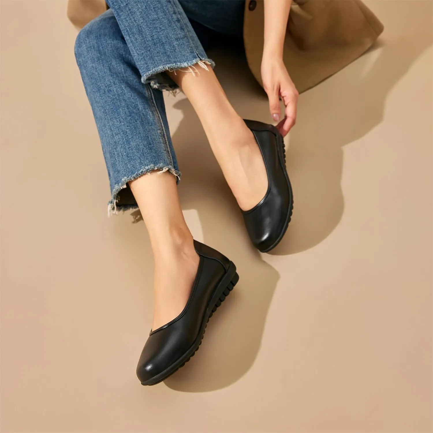 BEAU TODAY Work Flats for Women, Women’s Leather Ballet Flats, Comfortable Slip-on Non-Slip Flight Attendant Shoes, Office Business Casual Round Toe Ladies Dress Shoes