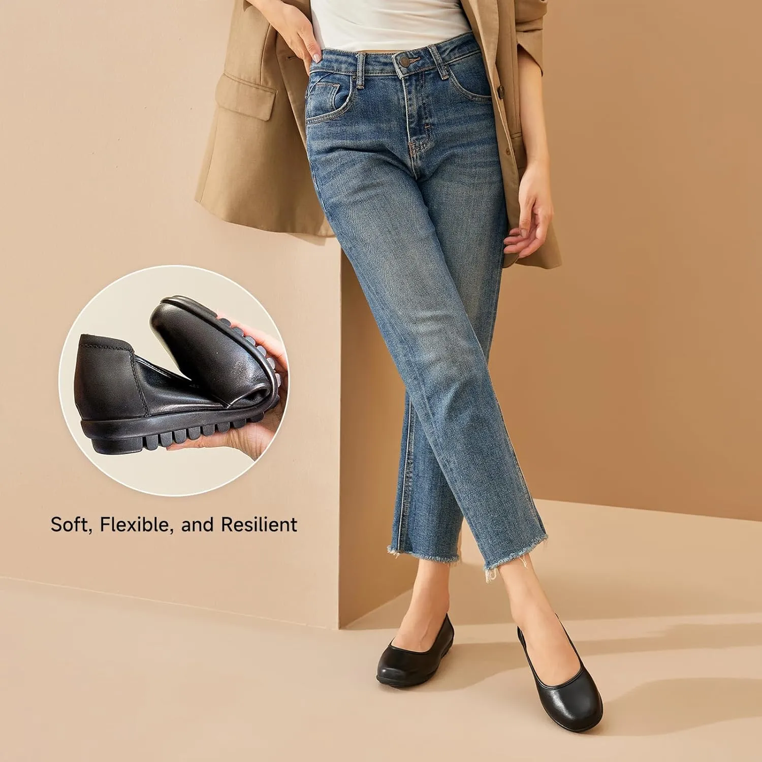 BEAU TODAY Work Flats for Women, Women’s Leather Ballet Flats, Comfortable Slip-on Non-Slip Flight Attendant Shoes, Office Business Casual Round Toe Ladies Dress Shoes