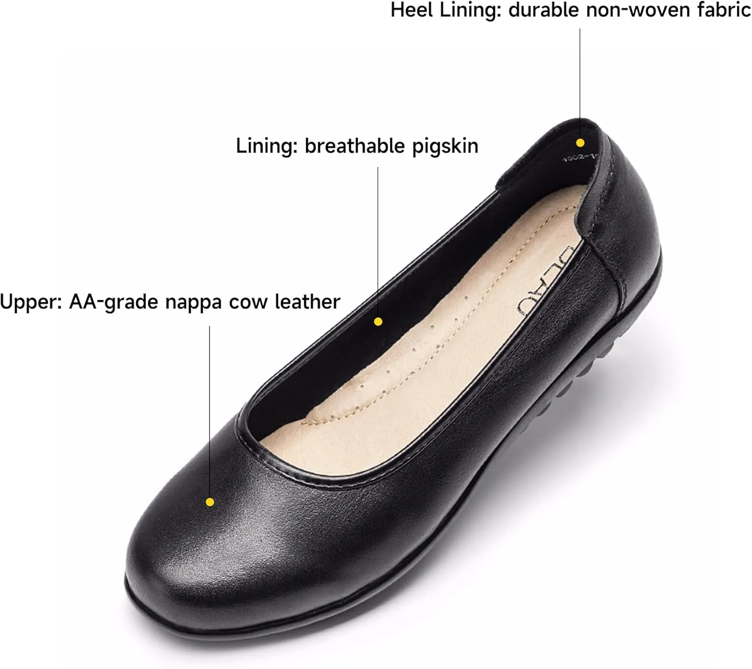BEAU TODAY Work Flats for Women, Women’s Leather Ballet Flats, Comfortable Slip-on Non-Slip Flight Attendant Shoes, Office Business Casual Round Toe Ladies Dress Shoes