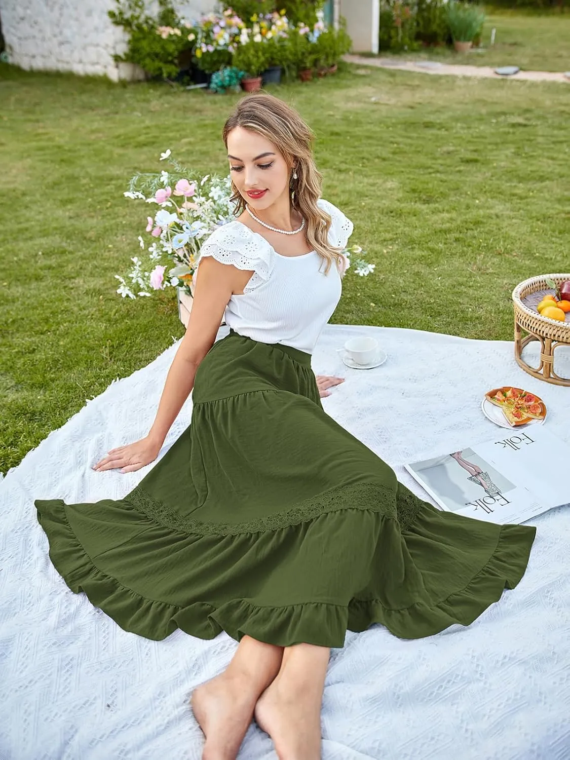 Belle Poque Women's Midi Skirt Boho Flowy Spring Summer Elastic Waist Aline Ruffle Lace Tiered Skirt with Pockets 2025