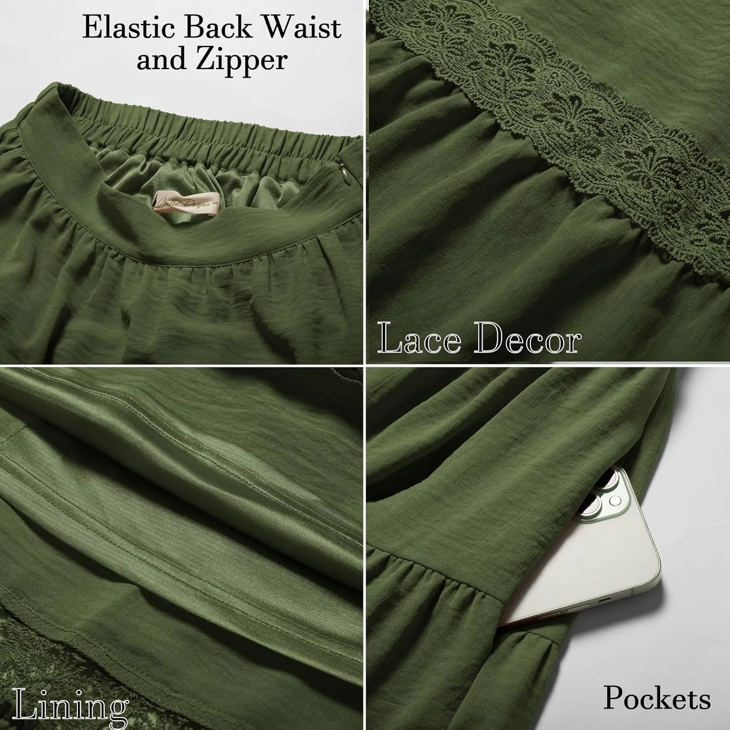 Belle Poque Women's Midi Skirt Boho Flowy Spring Summer Elastic Waist Aline Ruffle Lace Tiered Skirt with Pockets 2025