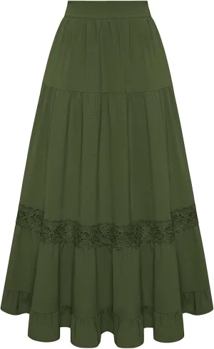 Belle Poque Women's Midi Skirt Boho Flowy Spring Summer Elastic Waist Aline Ruffle Lace Tiered Skirt with Pockets 2025