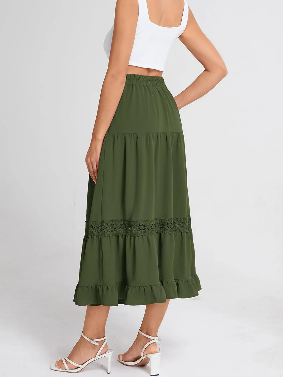 Belle Poque Women's Midi Skirt Boho Flowy Spring Summer Elastic Waist Aline Ruffle Lace Tiered Skirt with Pockets 2025