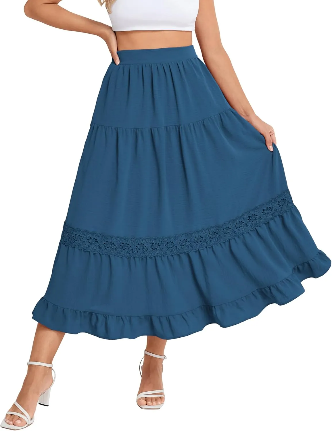 Belle Poque Women's Midi Skirt Boho Flowy Spring Summer Elastic Waist Aline Ruffle Lace Tiered Skirt with Pockets 2025