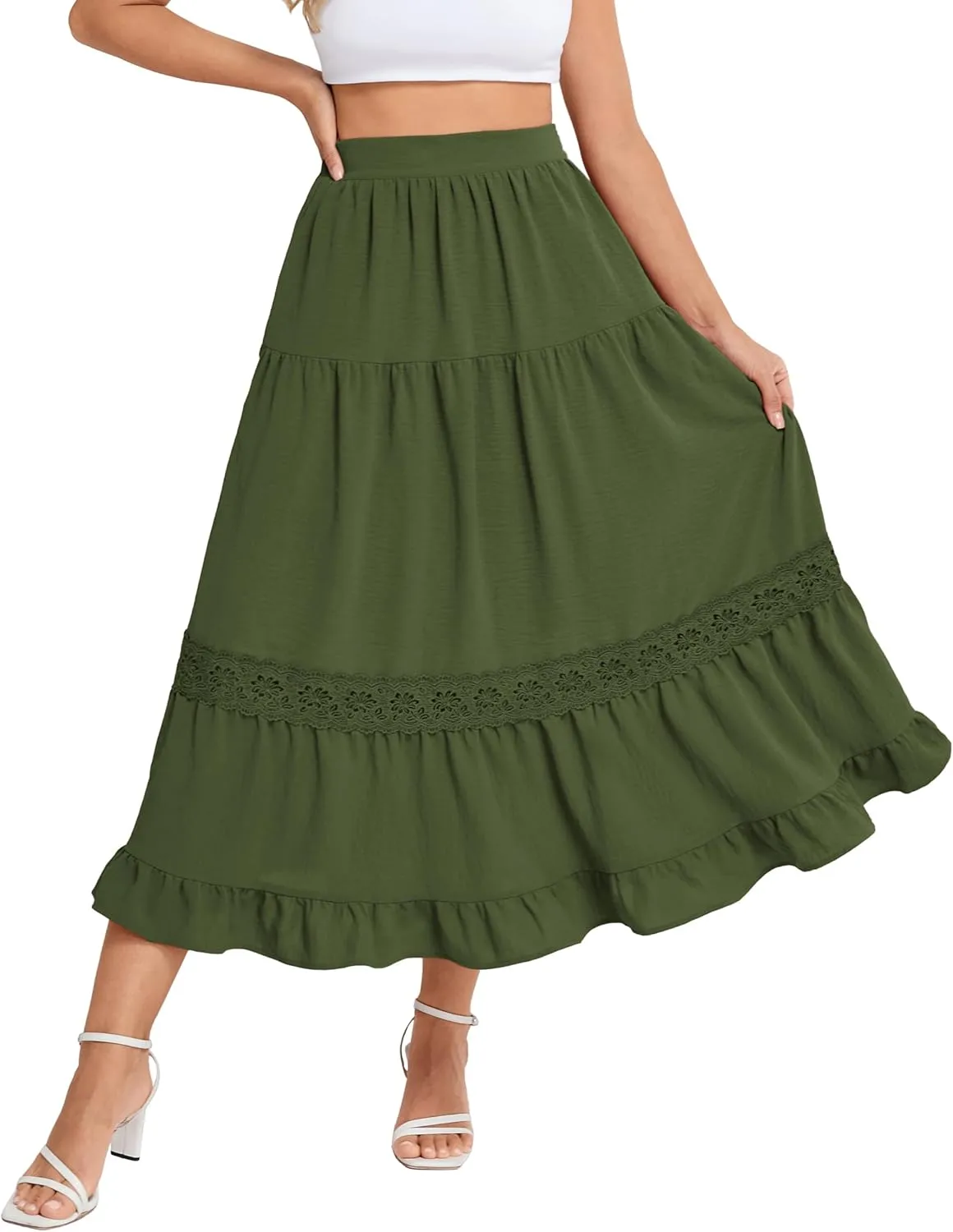 Belle Poque Women's Midi Skirt Boho Flowy Spring Summer Elastic Waist Aline Ruffle Lace Tiered Skirt with Pockets 2025