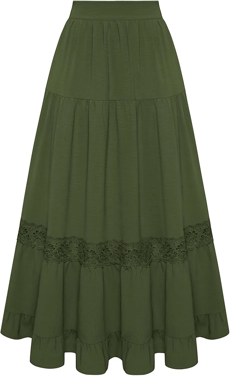 Belle Poque Women's Midi Skirt Boho Flowy Spring Summer Elastic Waist Aline Ruffle Lace Tiered Skirt with Pockets 2025