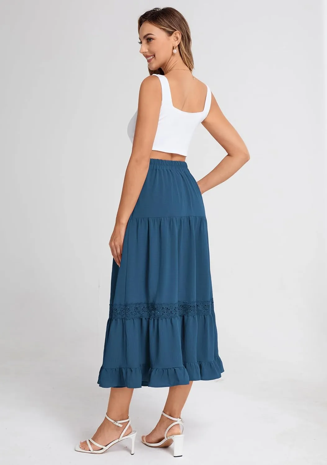 Belle Poque Women's Midi Skirt Boho Flowy Spring Summer Elastic Waist Aline Ruffle Lace Tiered Skirt with Pockets 2025