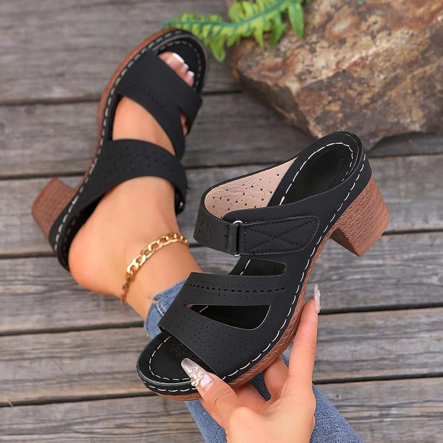 Block Heel Sandals for Women 2025,Women's Heeled Womens Chunky Mid Heels Ankle Strap Double Buckle Sandal Open Toe Slip-On Slippers Casual Comfortable Summer Mules Adjustable Slide Walking Shoes