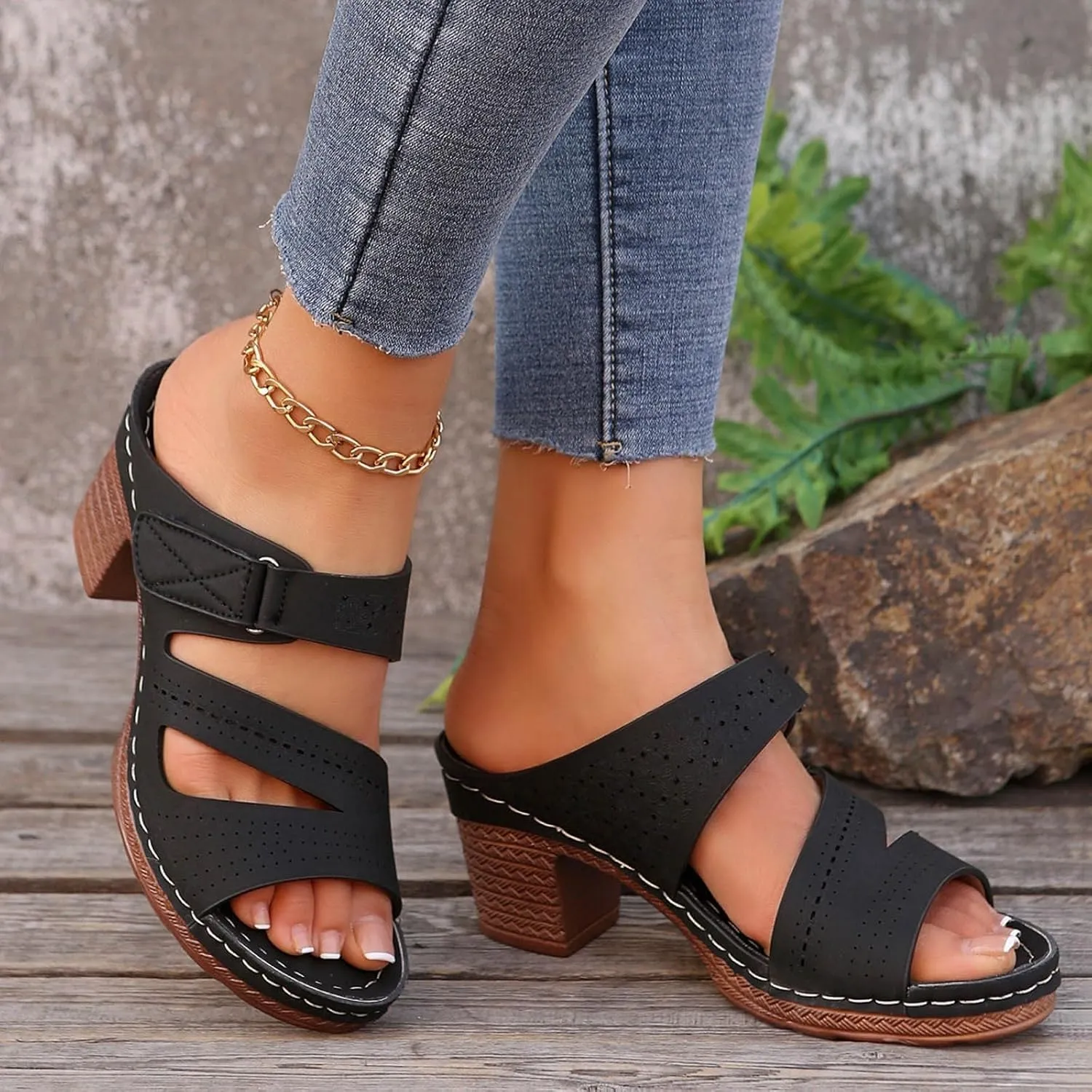Block Heel Sandals for Women 2025,Women's Heeled Womens Chunky Mid Heels Ankle Strap Double Buckle Sandal Open Toe Slip-On Slippers Casual Comfortable Summer Mules Adjustable Slide Walking Shoes