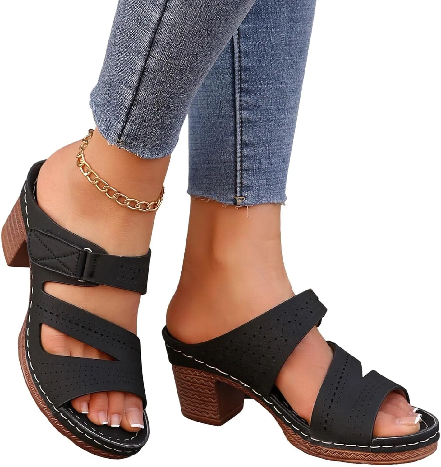 Block Heel Sandals for Women 2025,Women's Heeled Womens Chunky Mid Heels Ankle Strap Double Buckle Sandal Open Toe Slip-On Slippers Casual Comfortable Summer Mules Adjustable Slide Walking Shoes