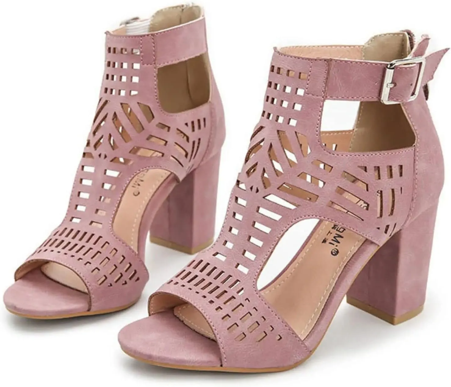 BORAMAX Chunky Heeled Sandals for Women Cutout Strappy Peep Toe Block Heels Buckle up Party Dressy Sandal Women Booties