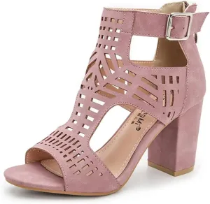 BORAMAX Chunky Heeled Sandals for Women Cutout Strappy Peep Toe Block Heels Buckle up Party Dressy Sandal Women Booties