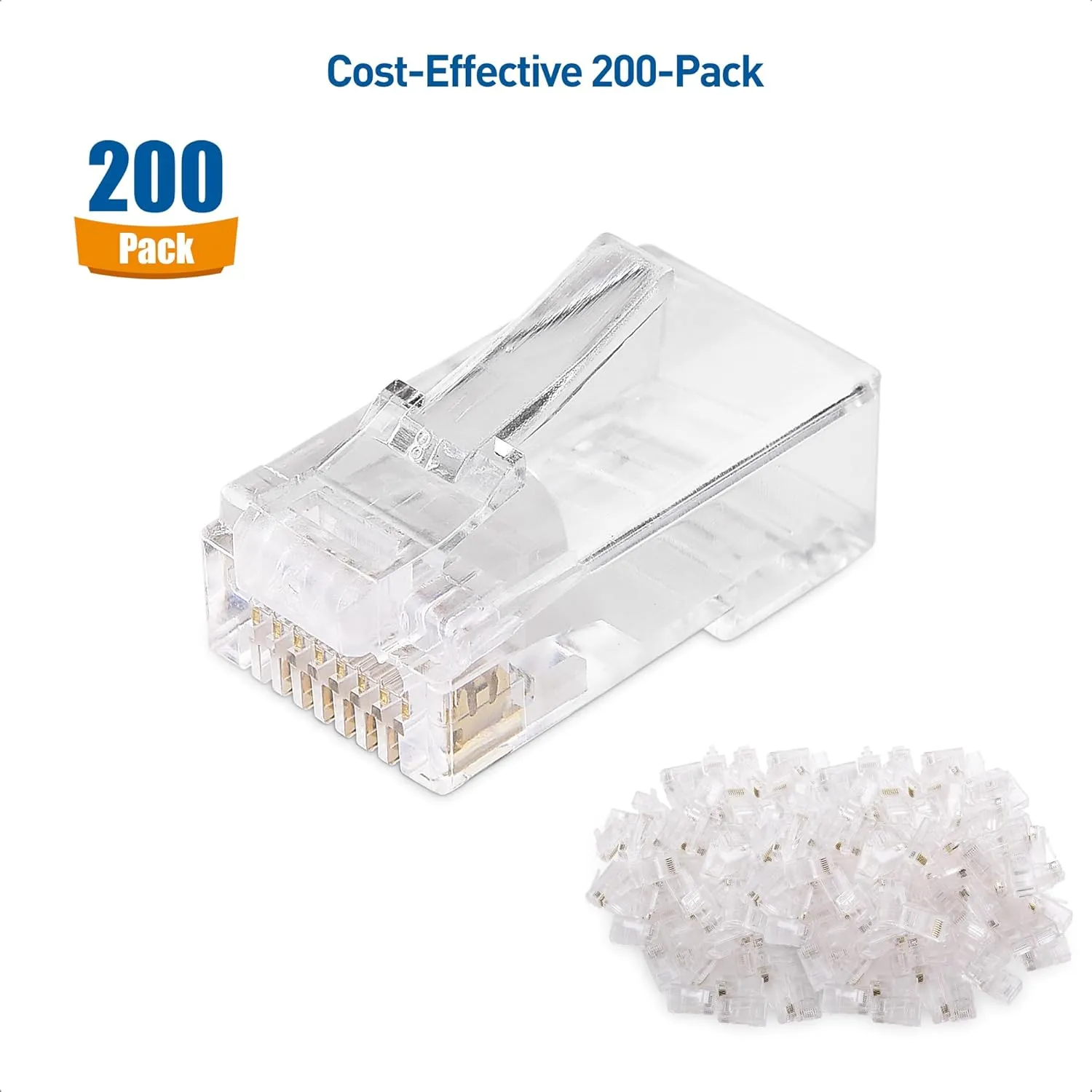 Cable Matters 200-Pack Cat 6 Pass Through RJ45 Connectors (Cat 6 Ends / Cat6 Connector / RJ45 Modular Plugs/Ethernet Plugs/Network Connector) for Solid or Stranded UTP Ethernet Cable