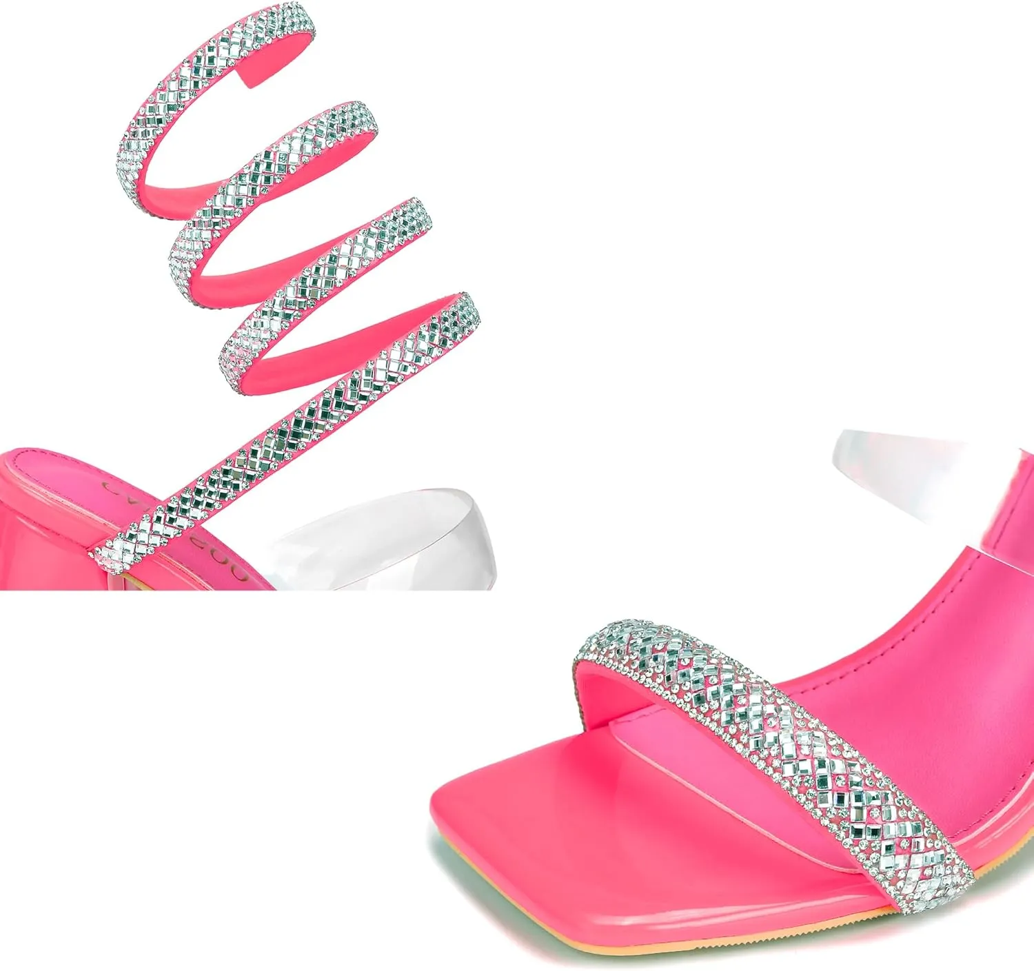 CAMSSOO Rhinestone Heels for Women Strappy Chunky Sandals Square Toe Spiral Wrap Ankle Strap High Heel Prom Wedding Party Shoes 3.35 Inches