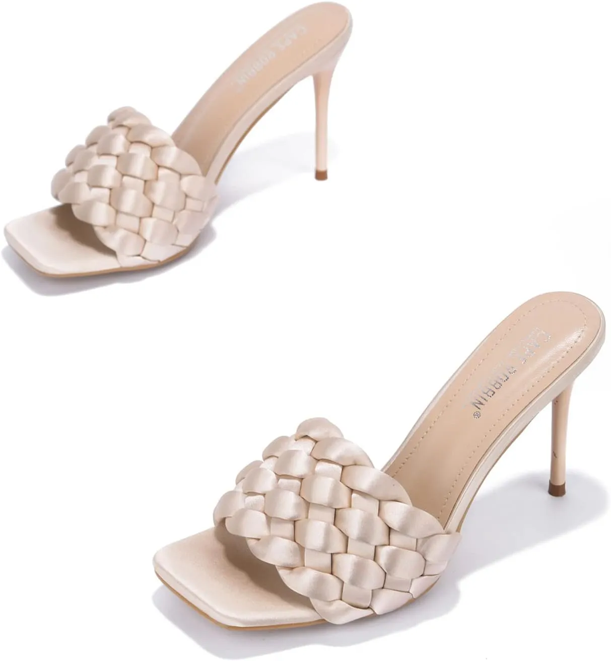 Cape Robbin Women's Stiletto Heel Sandals - Square Open Toe Slip-On High Heels with Braided Upper (Miella)