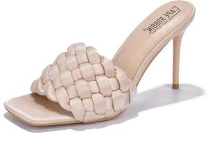 Cape Robbin Women's Stiletto Heel Sandals - Square Open Toe Slip-On High Heels with Braided Upper (Miella)