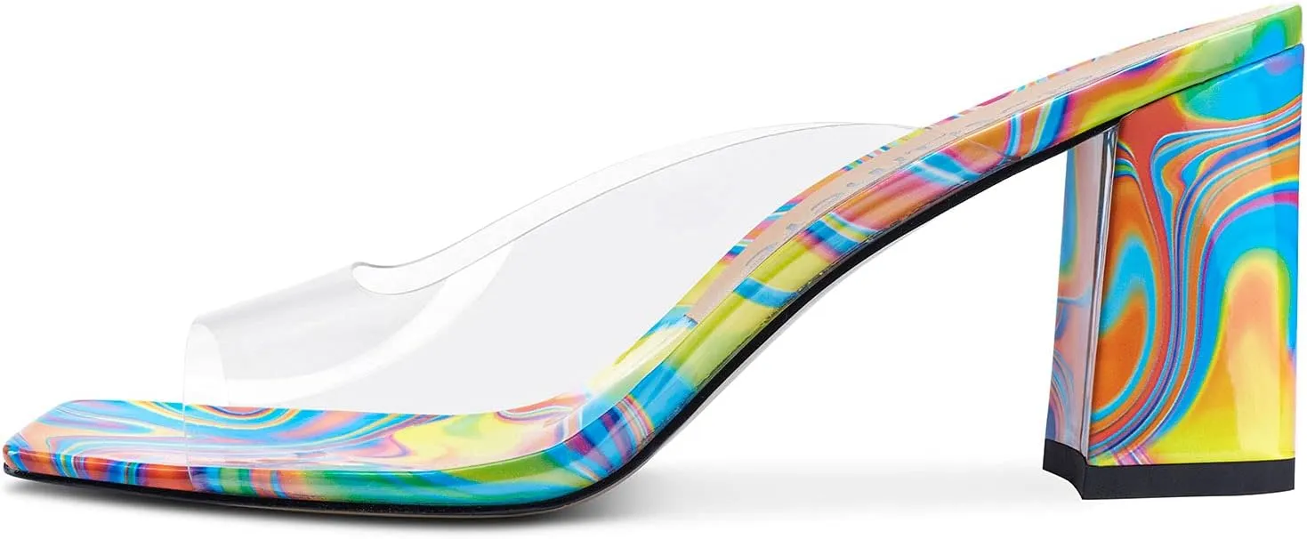 Castamere Ladies Chunky High Heel Sandals Square Open Toe Sexy Transparent Clear Sandal 3 Inch Heels