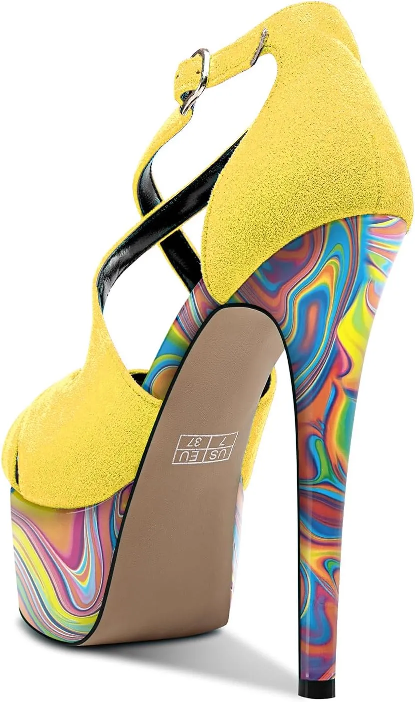 Castamere Peep Open Toe Platform High Stiletto Heel Patchwork Cross-Strap Two-Piece Sandals Sexy Dress 5.9 Inches Heels