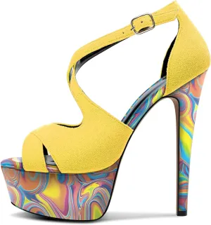Castamere Peep Open Toe Platform High Stiletto Heel Patchwork Cross-Strap Two-Piece Sandals Sexy Dress 5.9 Inches Heels