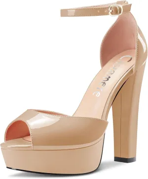 Castamere Women Chunky Block High Heel Platform Peep Open Toe Sandals Ankle Strap Two-Piece Wedding 5.1 Inches Heels Pumps