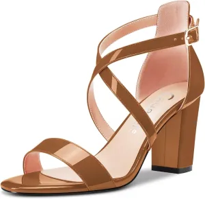 Castamere Women High Chunky Block Heel Peep Open Toe Cross-Strap Sandals Wedding Party 3.3 Inches Heels