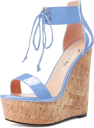 Castamere Women High Wedge Platform Heel Peep Open Toe Ankle Strap Lace Sandals Clear Dress 5.9 Inches Heels