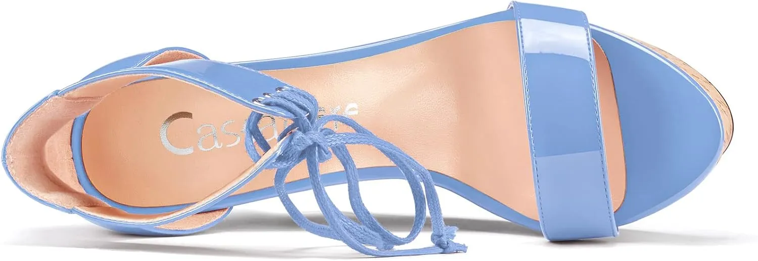 Castamere Women High Wedge Platform Heel Peep Open Toe Ankle Strap Lace Sandals Clear Dress 5.9 Inches Heels