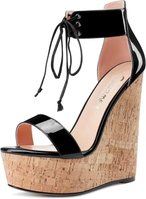 Castamere Women High Wedge Platform Heel Peep Open Toe Ankle Strap Lace Sandals Clear Dress 5.9 Inches Heels