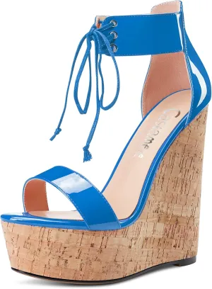 Castamere Women High Wedge Platform Heel Peep Open Toe Ankle Strap Lace Sandals Clear Dress 5.9 Inches Heels