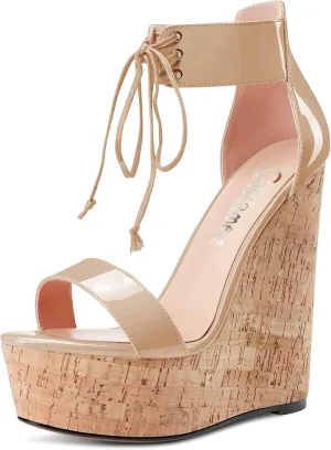 Castamere Women High Wedge Platform Heel Peep Open Toe Ankle Strap Lace Sandals Clear Dress 5.9 Inches Heels