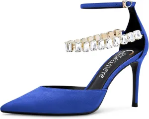 Castamere Women Stiletto High Heel Ankle Strap Pumps Diamond Crystal Pointed Toe Sandals 3.2 Inches Heels Dress Shoes