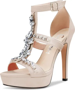 Castamere Women Stiletto High Heel Platform Peep Open Toe Sandals Roman Diamond Crystal Wedding Party Sexy 5.1 Inches Heels