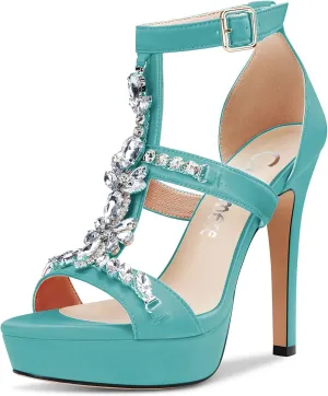 Castamere Women Stiletto High Heel Platform Peep Open Toe Sandals Roman Diamond Crystal Wedding Party Sexy 5.1 Inches Heels