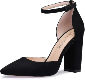 Castamere Womens High Heels Chunky Block Heel Sandals Pointed Toe Ankle Strap Pumps 10CM