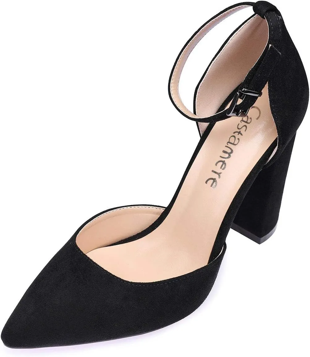 Castamere Womens High Heels Chunky Block Heel Sandals Pointed Toe Ankle Strap Pumps 10CM