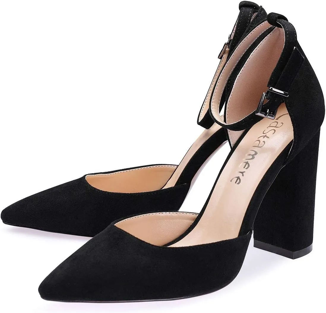 Castamere Womens High Heels Chunky Block Heel Sandals Pointed Toe Ankle Strap Pumps 10CM